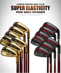 Pro Grade Mens Golf Iron Set Featuring Heavy Duty Stainless Heads And Responsive Carbon Shafts Built For Explosive Distance, shown in gold and black finishes.