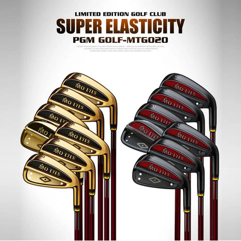 Pro Grade Mens Golf Iron Set Featuring Heavy Duty Stainless Heads And Responsive Carbon Shafts Built For Explosive Distance, shown in gold and black finishes.
