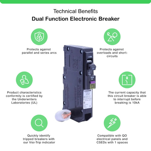 QO120DFC 20 Amp Single Pole Dual Function CAFCI And GFCI Circuit Breaker For QO Load Centers Plug On Design 120 Volt Safety