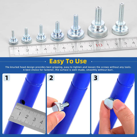 Dang Good Grip Smooth Rolling Knurled Thumb Screws M3 M4 M5 M6 M8 displayed with ruler, showcasing various sizes and easy use for electronics repair.