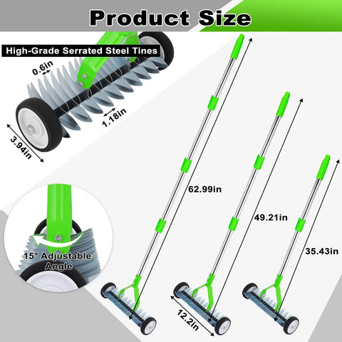 Wheeled Thatch Rake For Lawns, 15.28 Inch Steel Dethatcher With Adjustable 0 To 15 Degree Angle And 62.99 Inch Handle, Heavy Duty Yard Tool