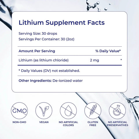Supplement facts for Ionic Minerals Liquid Lithium Drops For Brain Health And Chill Support, 2 oz, with lithium chloride 2 mg per serving.