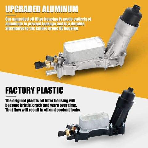 Upgraded Aluminum Oil Filter Housing Kit With Oil Cooler vs Factory Plastic comparison for 3.6L V6 Vehicles