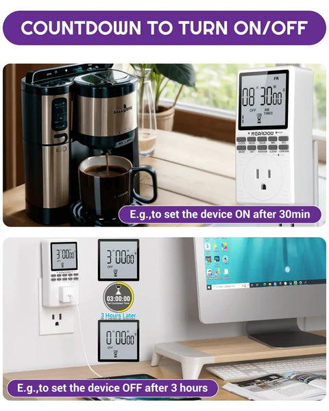 Programmable Outlet Timer With Digital Countdown And Weekly Schedule For Intermittent Cycling Nineteen On Off Programs Dead Simple Plug And Play Adapter Fifteen Amps One Eight Hundred Watt Capacity on a countertop with coffee maker and computer.