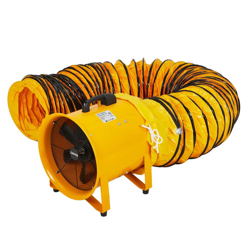12 Inch High Velocity Air Mover Blower With 3500 CFM Beast Mode Airflow, yellow exhaust fan with 16.4 ft duct, front view