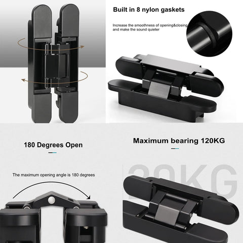 2-Pack Hidden Door Hinges For Cabinets With 180 Degree Swing, Heavy Duty 176 Lb Load Bearing, 7 Inch Invisible Zinc Alloy Design