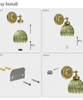 Easy install steps for Totally Classic Battery Operated Wall Sconces Set Features Green Tulip Glass And Gold Metal Frame.