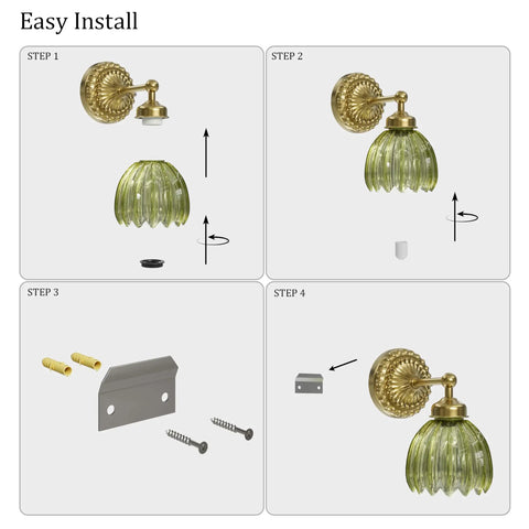 Easy install steps for Totally Classic Battery Operated Wall Sconces Set Features Green Tulip Glass And Gold Metal Frame.
