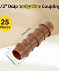 Half Inch Drip Irrigation Barbed Coupling Set, 25 Pack Straight Connectors For Half Inch Tubing, 17mm ID, brown plastic coupling