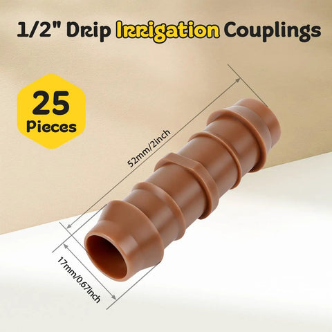 Half Inch Drip Irrigation Barbed Coupling Set, 25 Pack Straight Connectors For Half Inch Tubing, 17mm ID, brown plastic coupling