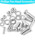 12 24 Phillips Pan Head Machine Screws Hex Nuts Flat Washers Assortment Kit 304 Stainless Steel fasteners in assorted sizes.