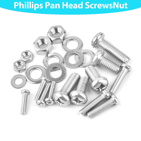 12 24 Phillips Pan Head Machine Screws Hex Nuts Flat Washers Assortment Kit 304 Stainless Steel fasteners in assorted sizes.