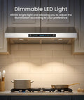 Top Notch 30 Inch Under Cabinet Range Hood With 1200 CFM Power installed above stove, showing LED lights and touch control panel