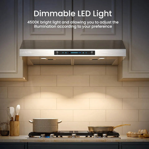 Top Notch 30 Inch Under Cabinet Range Hood With 1200 CFM Power installed above stove, showing LED lights and touch control panel