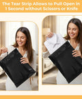 Woman sealing and opening Black 14.5x19 Inch Poly Mailers, 50 Pack, Heavy Duty Self Adhesive Bags With Tear Strip For Clothes.