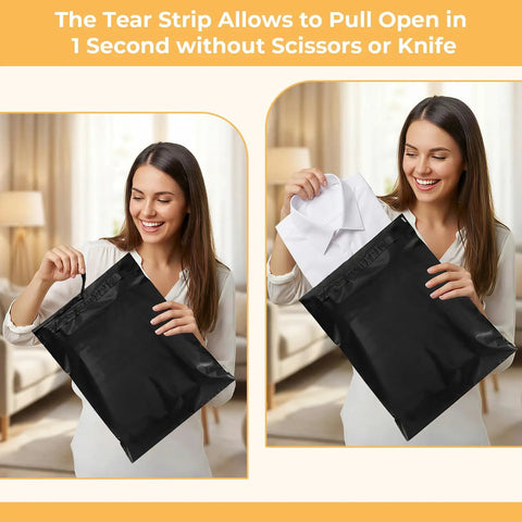 Woman sealing and opening Black 14.5x19 Inch Poly Mailers, 50 Pack, Heavy Duty Self Adhesive Bags With Tear Strip For Clothes.