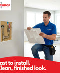 8X8 Inch White Plastic Spring Fit Access Panel With Self Expanding Grippers For Drywall Holes, installation shown by a handyman.