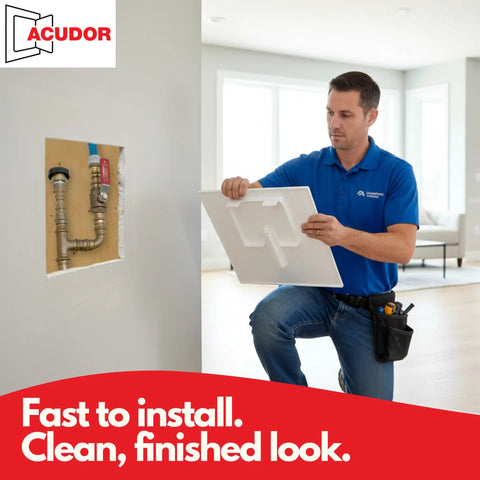 8X8 Inch White Plastic Spring Fit Access Panel With Self Expanding Grippers For Drywall Holes, installation shown by a handyman.