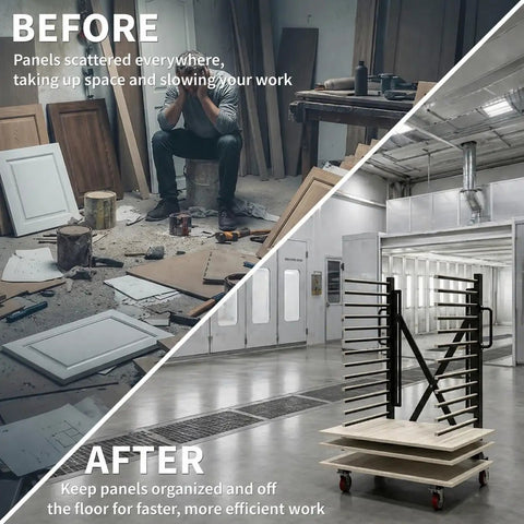 Before and after photo showing organized use of Built Tough 15 Tier Paint Drying Rack For Cabinet Doors And Wood Panels Heavy Duty Steel Rack.