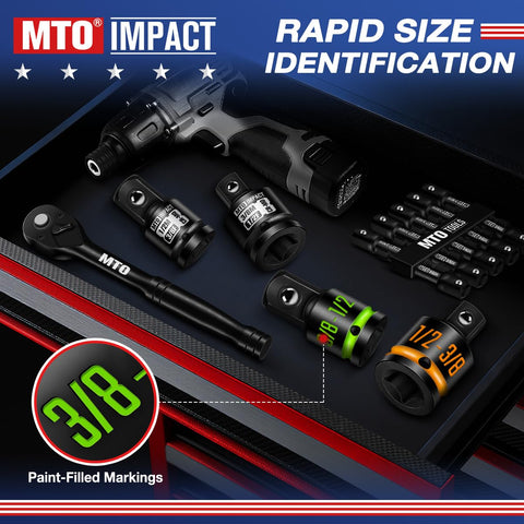 Product display of Two-Piece Impact Socket Adapter And Reducer Set 1/2 F To 3/8 M And 3/8 F To 1/2 M with impact wrench and markings