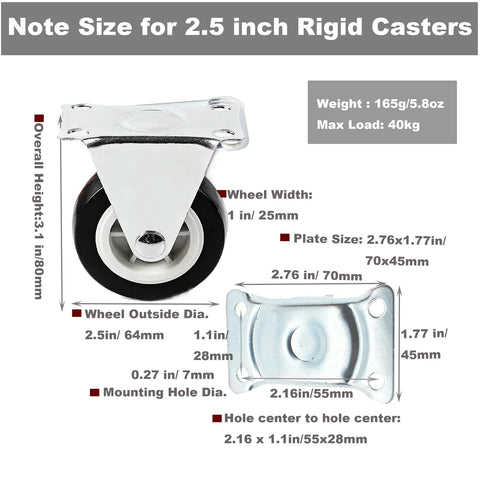 Diagram of 2.5 Inch Rigid Plate Caster Wheels Hard Rubber Non-Swivel For Furniture And Workbenches, 6 Pack With Screws