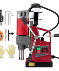 Powerful 1450W Portable Magnetic Drill Press With 14000N Holding Force For Steel featuring on/off switch, accessories, and safety gloves.