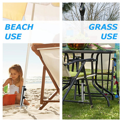 Removable Portable Umbrella Base With Four Leg Beach Sand Anchor in use on sand and grass with parasol stand and chairs.