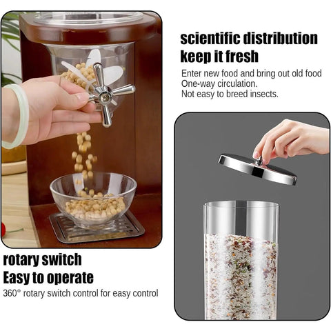 User operating a rotary switch on a Triple Head Cereal And Grain Dispenser For Kitchen Counter Holds Four Liters Each.