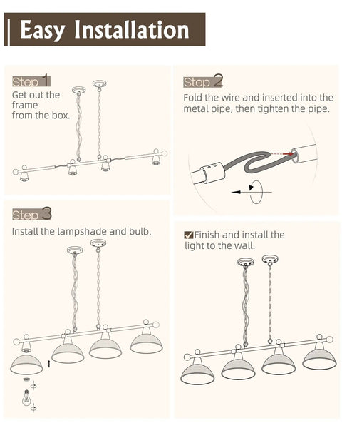 Diagram of easy installation steps for Four Light Pool Table Light For Seven And Eight Foot Tables 48 Inch Modern Billiard Hanging Lamp