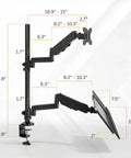 Slick Sit Stand Monitor Arm With Keyboard Tray For Up To 32 Inch Displays showcasing height adjustable parts and measurements in classic black.