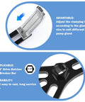 Close-up of heavy duty fuel pump removal tool set with adjustable clamping foot and 1/2 inch drive compatibility details.