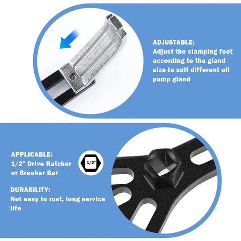 Close-up of heavy duty fuel pump removal tool set with adjustable clamping foot and 1/2 inch drive compatibility details.