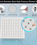 Close-up of 12-inch square steel shower head with chrome polished finish, showing nozzle design and water flow.