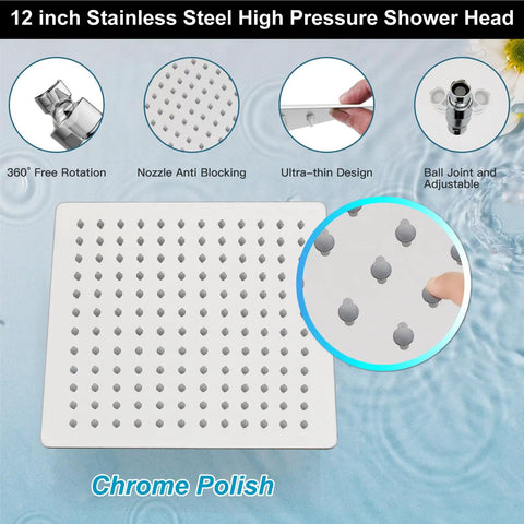 Close-up of 12-inch square steel shower head with chrome polished finish, showing nozzle design and water flow.