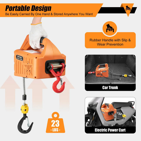 Heavy Duty 440 Lbs Portable Electric Hoist Winch With 110V Wireless Remote Control and Manual Lever Operation showing portable design