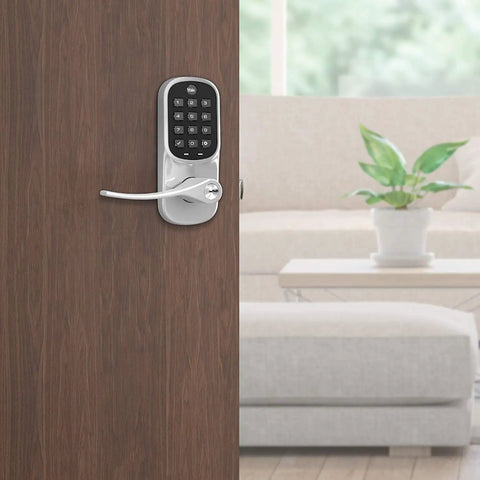 Dead Easy Z Wave Smart Door Lever With Backlit Keypad And Auto Relock For Seamless Home Automation And Top Shelf Satin Nickel Finish on wooden door.