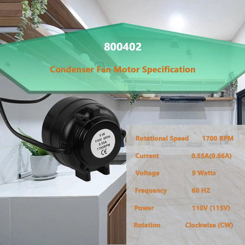 Upgrade Your Cooling Game With A 9W 115V 60Hz 1700RPM Condenser Fan Motor Replacement For AC Units And Swamp Coolers 800402 Compatible Fits GDM GEM TSS STM TMC displayed in a kitchen environment with specifications overlay.