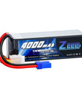 5S 4000mAh 18V 100C LiPo Battery Soft Pack With EC5 Connector for RC vehicles, blue label with ratings, side view