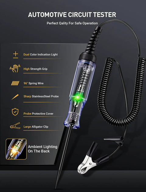 Dual Color Polarity Test Light For Automotive Circuits With Tungsten Illumination Pro Grade 6V 12V 24V Car Electrical Tester Pen with spring wire and alligator clip
