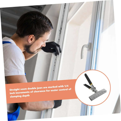 Man using Heavy Duty Hand Seamer For Sheet Metal Bending With Long Reach Pliers And Offset Jaw Flat Plate Design in window installation