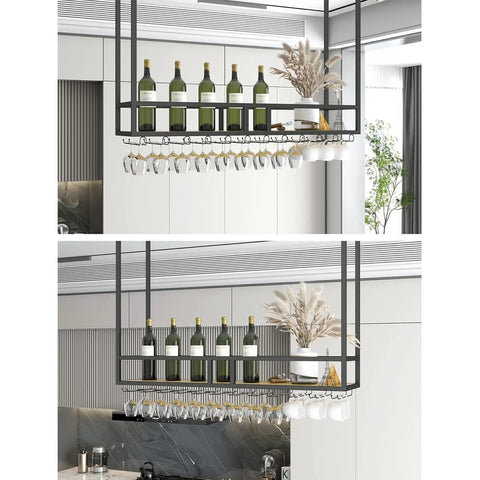 Ceiling Mounted Wine Rack With Glass And Bottle Holder, Overhead Suspension Storage for Wine Glasses and Bottles in modern kitchen.