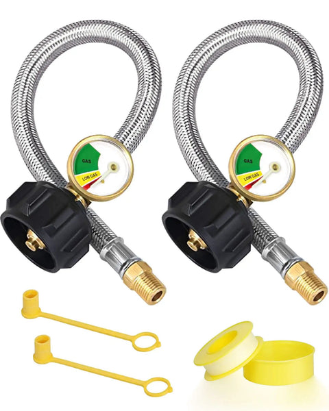 15 Inch RV Propane Hose With Gauge Stainless Steel Camper Heavy Duty Gas Hose For RV Two Stage Regulator 1 Quarter Inch Male NPT And QCC1 Fittings 350 PSI Two Pack