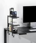 Expandable Under Desk Storage 2 Tier Shelf Clamp On Desk Organizer with wood and metal design for office, study, or game room.