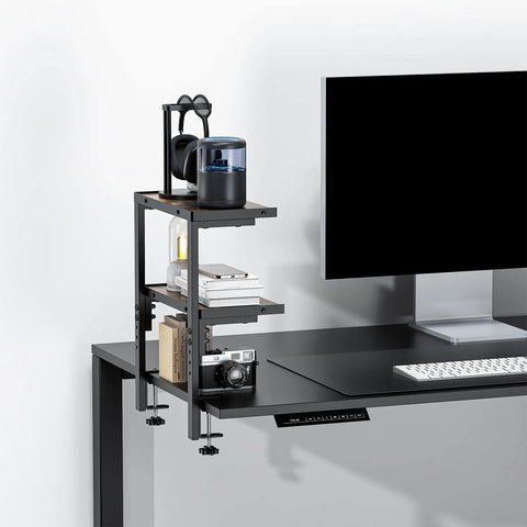 Expandable Under Desk Storage 2 Tier Shelf Clamp On Desk Organizer with wood and metal design for office, study, or game room.