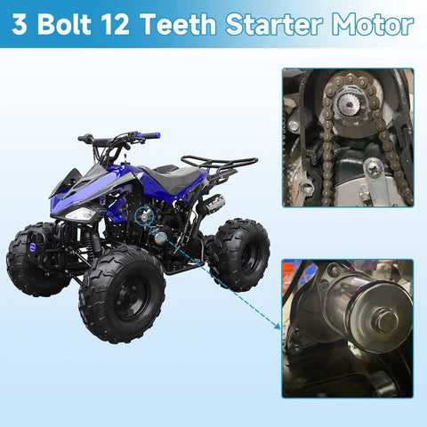Beefed Up 3 Bolt ATV Starter Motor Kit For 50cc To 125cc Chinese 4 Stroke Quad Go Kart And Dirt Bike showing installation close-up
