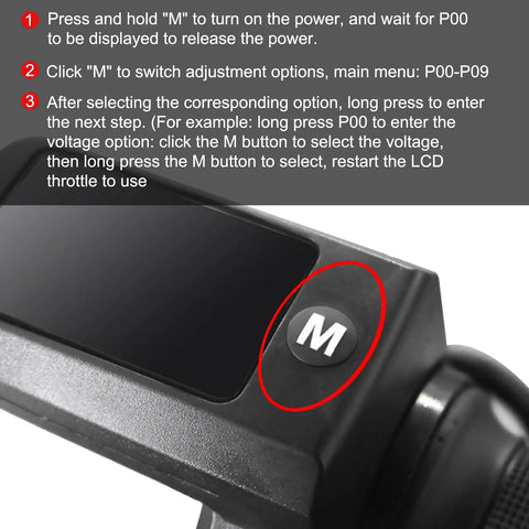 Close-up of twist throttle with LED display and 'M' button for electric bikes and scooters, showing part of the handlebar controller.