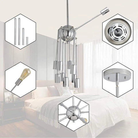 Sputnik Chandelier Light Fixture Chrome Finish With Eight To Twelve Lights Modern Industrial Ceiling Pendant in bedroom