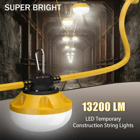 Heavy Duty 120Ft LED Construction String Lights With 12 Waterproof Bulbs, shown lit in a tunnel with 13200 lumens brightness.