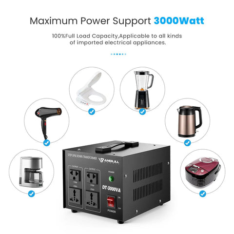 Heavy Duty 3000W Voltage Converter Transformer showing multiple appliance compatibility and four outlets