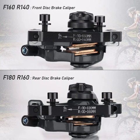 Heavy Duty Mechanical Disc Brake Kit With Dual Piston Calipers And 160 Mm Rotors front and rear calipers with details.